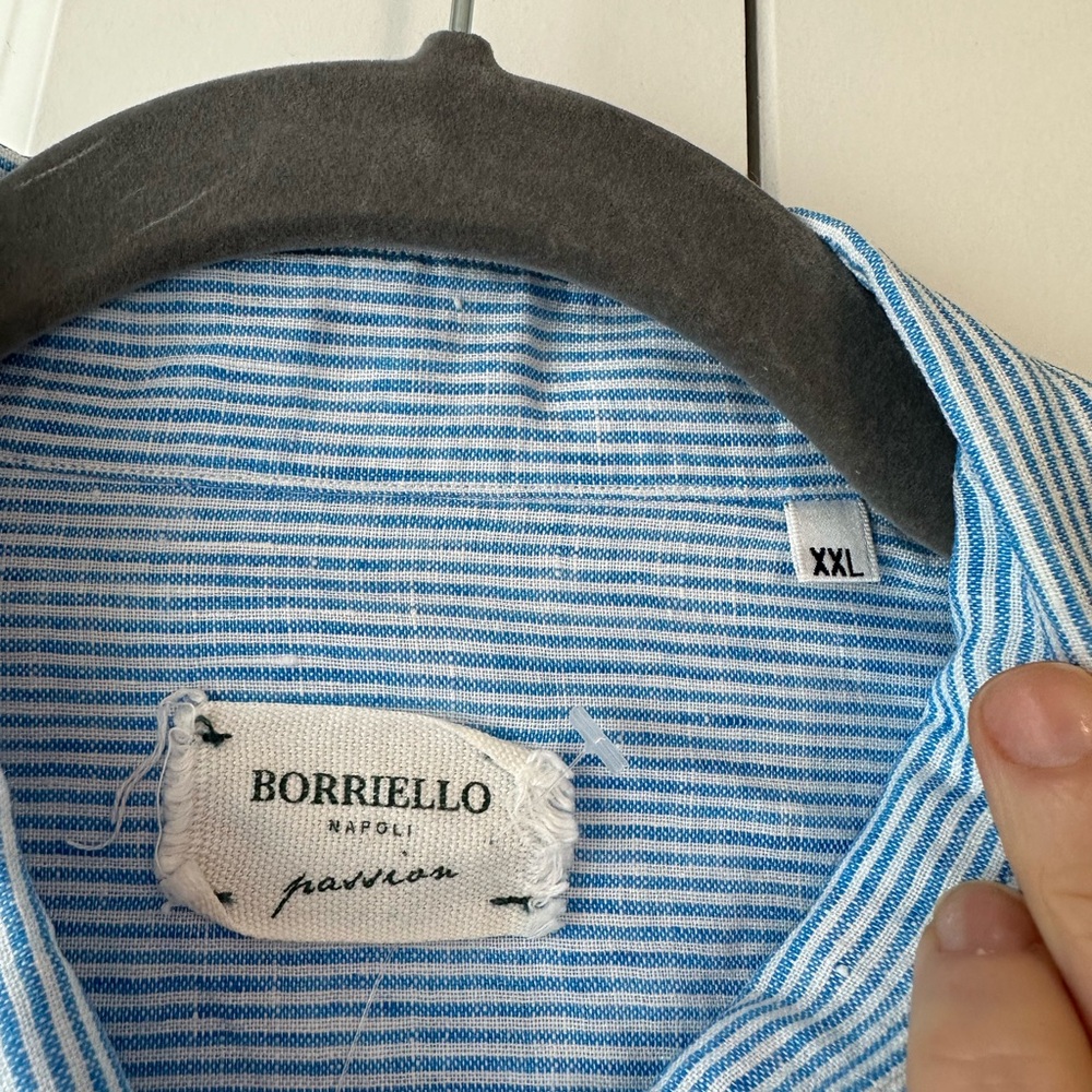 Borriello Napoli Men’s Linen Striped Button Down Short Sleeve Shirt Blue (XXL) - Picture 5 of 9
